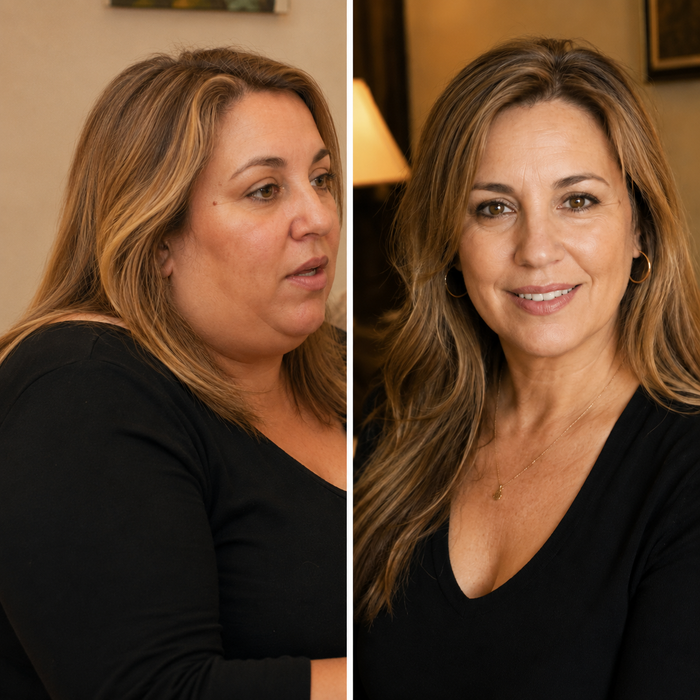 Primer plano de una mujer de unos 50 años pasándose los dedos por una melena abundante y brillante, con luz suave de ventana