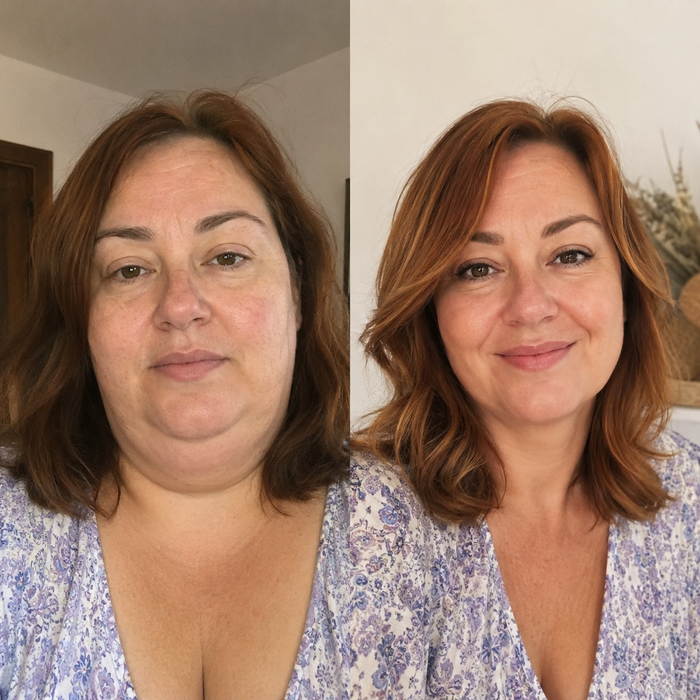 Mujer de unos 50 años con piel luminosa y radiante, sin maquillaje, bajo luz natural, con la mano en la mejilla