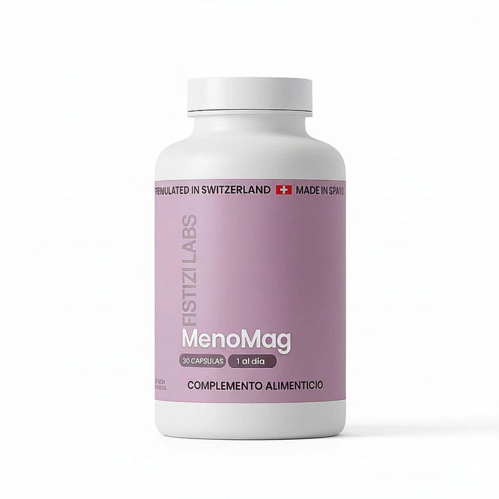 Fotografía limpia del producto: un bote de MenoMag de Fistizi Labs con elementos visuales de magnesio y vitamina B6