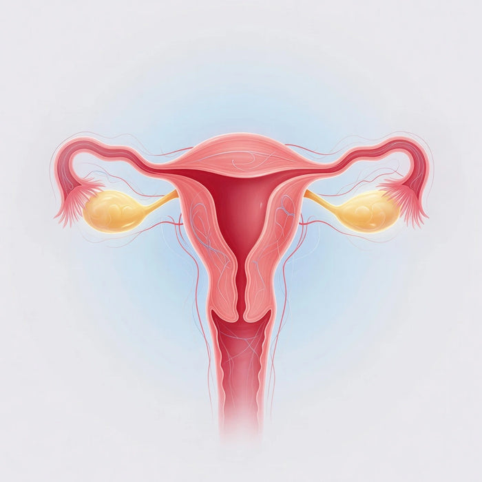 Una cápsula de MenoMag junto a una cucharada de magnesio en polvo, con la ruta molecular de absorción ilustrada al fondo