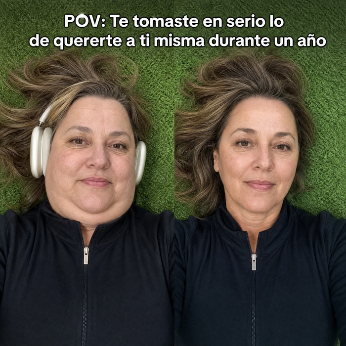 Mujer de unos 50 años con piel radiante y melena abundante, sonriendo con luz natural suave
